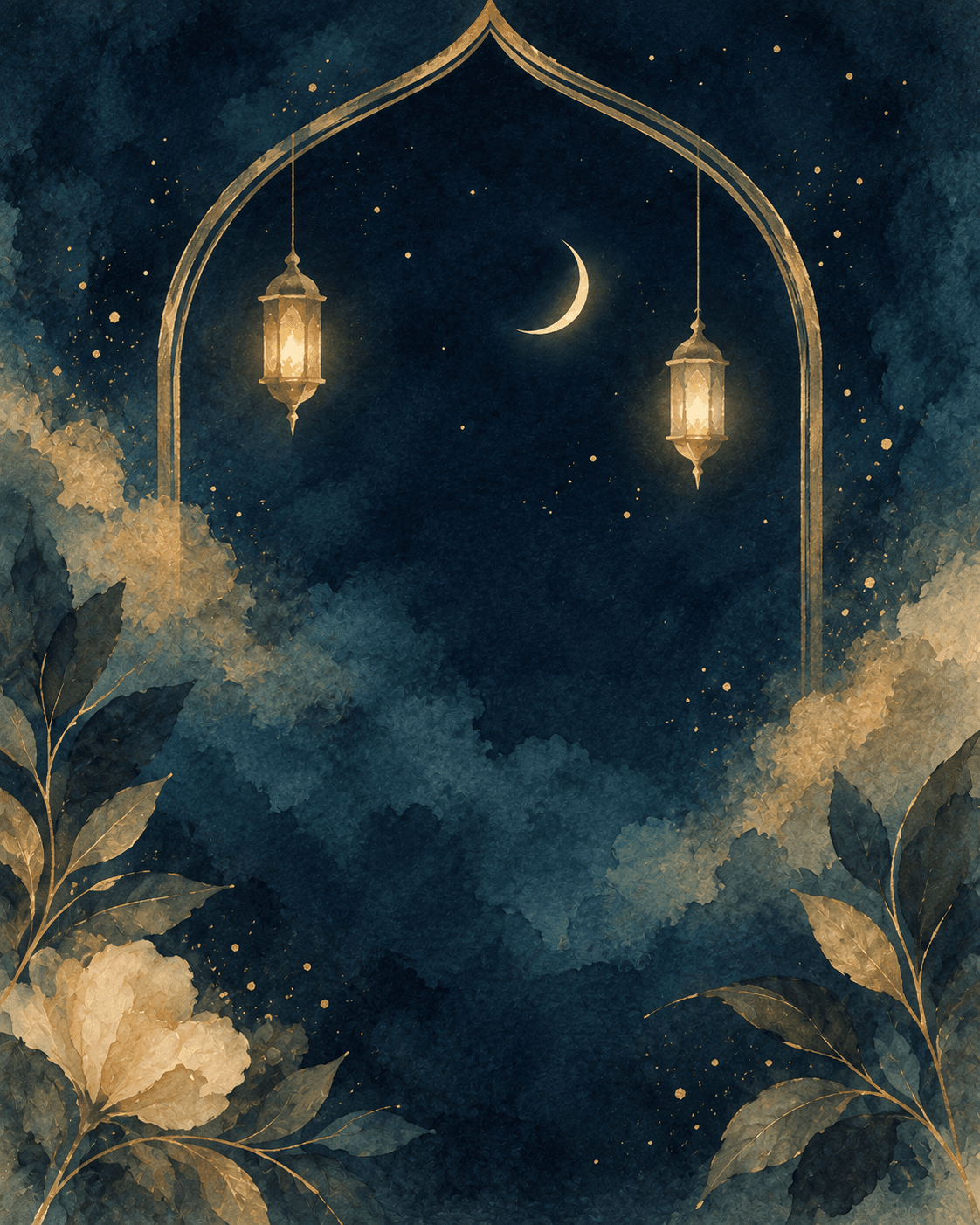 A moonlit arch with lanterns and watercolor botanicals